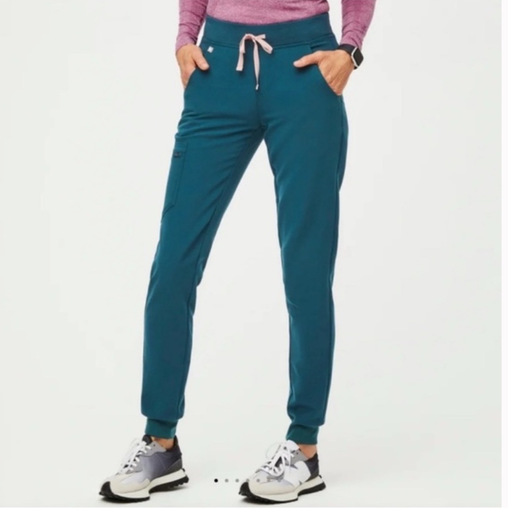 Figs Zamora Joggers in Caribbean Blue with pink drawstring